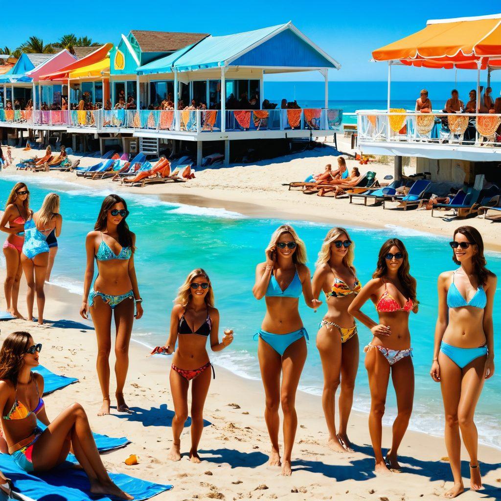 A vibrant beach scene featuring a diverse group of stylish women in colorful bikinis, playfully browsing through a local auction set up beside the shoreline. Bright auction signs showcase discounts with summer-themed decorations like seashells and sunglasses. The background includes turquoise waves and a clear blue sky, capturing the essence of summer fun and excitement. super-realistic. vibrant colors. bright background.